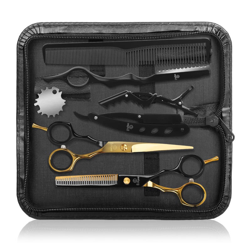 Ethyxe Hair Cutting Scissors Kit  9 PCS Professional Haircut Scissors Set with Stainless Steel Straight and Thinning Shears for Home Salon and Barber Use Black  Gold